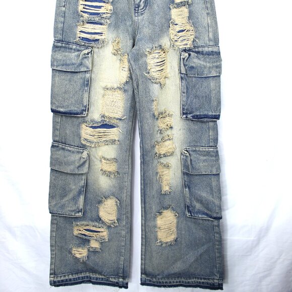 Rockstar Original Peppe Men's Baggy Cargo Blue Washed Distressed Grunge Jeans 32 - Picture 2 of 13